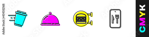 Set Coffee cup to go, Covered with a tray food, Online ordering burger delivery and and icon. Vector