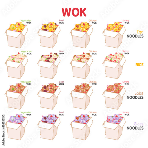 Wok with vegetables, shrimps, beef, chicken,noodles and rice. Traditional asian food. Chinese, Japanese cuisine. Fast food takeout in a box. Minimalistic flat design. Isolated clipart set