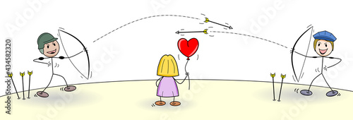 Ein roter Herz-Luftballon stiften Frieden zwischen zwei Soldaten. Ein rotes Herz stiftet Frieden im Krieg. 