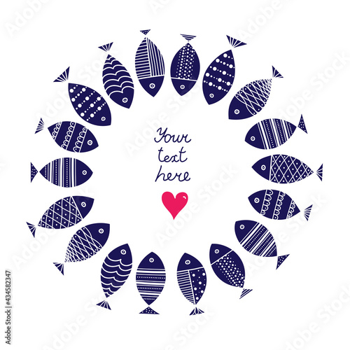 Cute love card. Around motif with fishes.