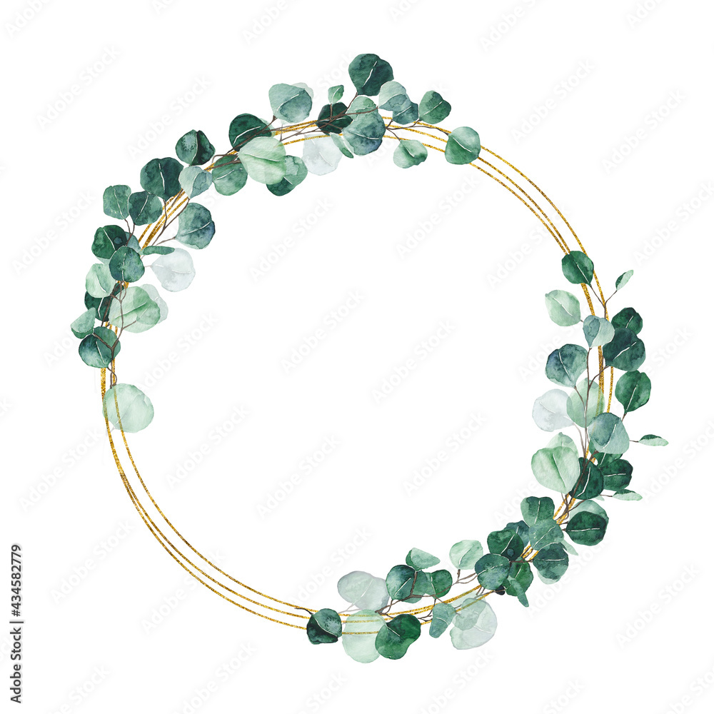 Watercolor eucalyptus gold wreath with green leaves isolated on white ...