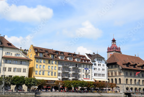 Hotels, restaurants and buildings on the side of Reuss river in Luzern, Switzerland