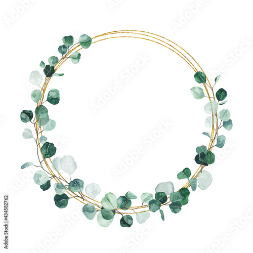 Canvas Print Watercolor eucalyptus gold wreath with green leaves isolated on white background