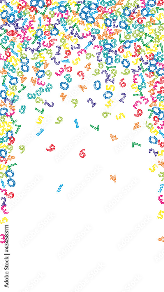 Falling colorful sketch numbers. Math study concept with flying digits. Juicy back to school mathematics banner on white background. Falling numbers vector illustration. Falling colorful sketch numbers. Math study concept with flying digits. Juicy back to school mathematics banner on white background. Falling numbers vector illustration.