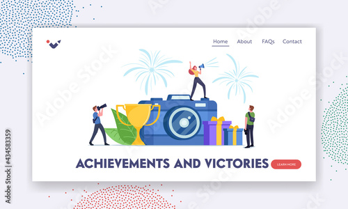 Photo Tournament Landing Page Template. Tiny Female Character with Loudspeaker Stand on Huge Camera Announce Competition