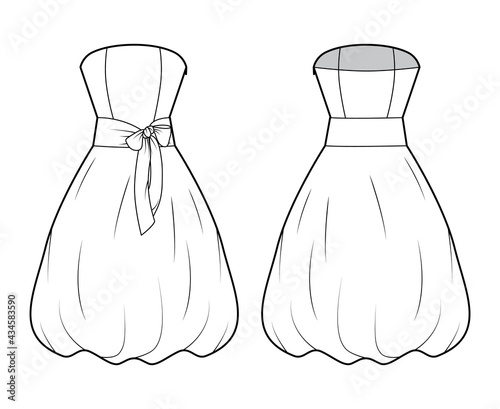 Dress bubble technical fashion illustration with strapless, bow, sleeveless, fitted body, knee length skirt. Flat apparel front, back, white color style. Women, men unisex CAD mockup