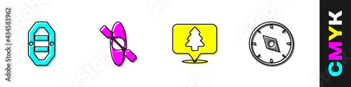 Set Rafting boat, Kayak or canoe, Location of the forest and Compass icon. Vector
