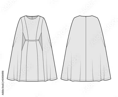 Dress cape chemise technical fashion illustration with fitted body, knee length pencil skirt. Flat apparel front, back, grey color style. Women, men unisex CAD mockup