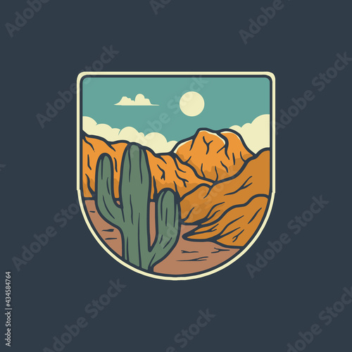 Hand drawn vintage dessert mountain badge emblem illustration