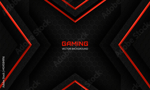 Abstract modern black and red arrow gaming background. Dark abstract banner with hexagon carbon fiber grid, red arrows and black triangles. Futuristic luxury modern sporty game vector illustration.