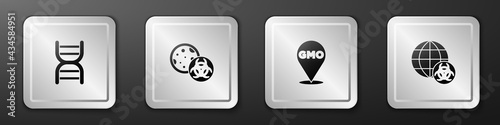 Set DNA symbol, GMO, and icon. Silver square button. Vector