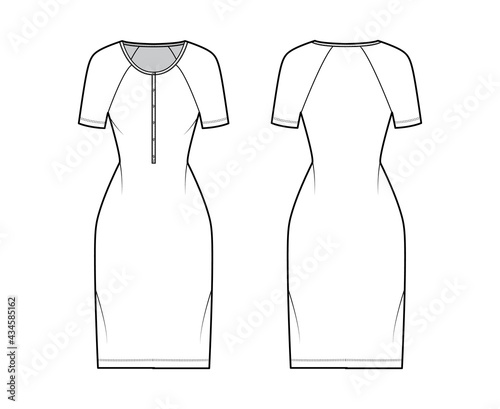 Dress henley collar technical fashion illustration with short raglan sleeves, fitted body, knee length pencil skirt. Flat apparel front, back, white color style. Women, men unisex CAD mockup