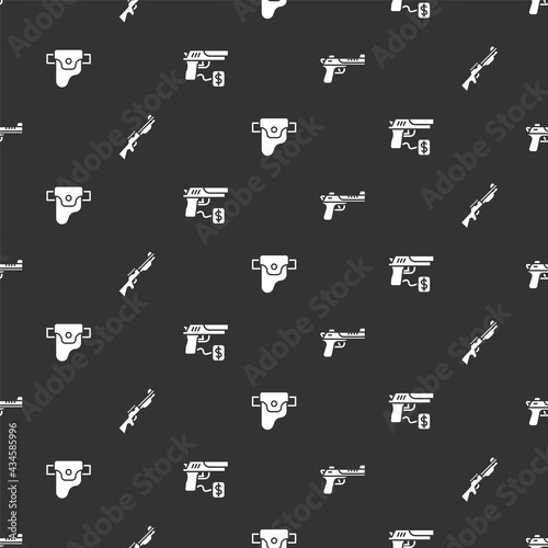Set Desert eagle gun, Hunting, Gun holster and Buying pistol on seamless pattern. Vector