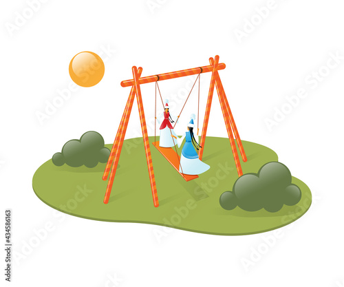 Girls in Kazakh national clothes swing on the Altybakan folk swing. Celebrating Nauryz. Vector illustration photo