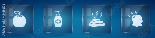 Set Apple, Liquid antibacterial soap, Shit and Man having headache. Square glass panels. Vector