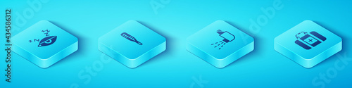 Set Isometric Insomnia, Medical thermometer, First aid kit and Inhaler icon. Vector
