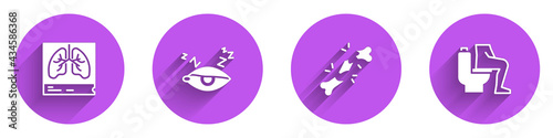 Set Lungs x-ray, Insomnia, Human broken bone and Constipation icon with long shadow. Vector