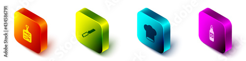 Set Isometric Cutting board, Bread knife, Chef hat and Beer bottle icon. Vector