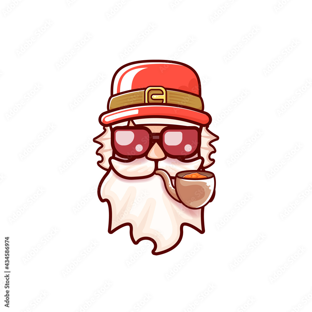 Santa Claus head with Santa red hat, smoking pipe and red hipster sunglasses isolated on white Christmas background. Santa label or sticker design Santa Claus head with Santa red hat, smoking pipe and red hipster sunglasses isolated on white Christmas background. Santa label or sticker design