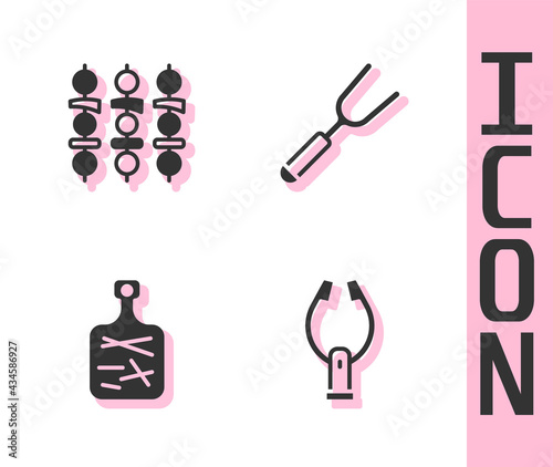 Set Meat tongs, Grilled shish kebab, Cutting board and Barbecue fork icon. Vector