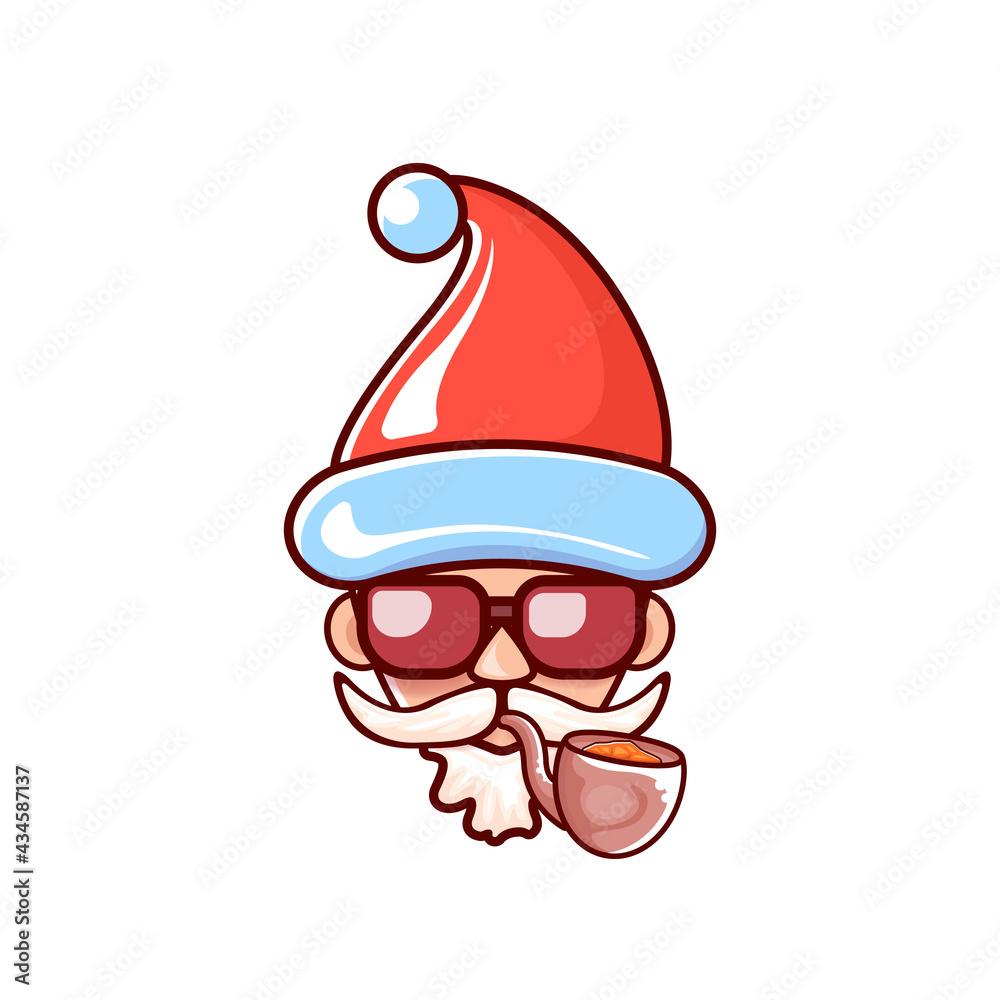 Santa Claus head with Santa red hat, smoking pipe and red hipster sunglasses isolated on white Christmas background. Santa label or sticker design