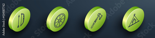 Set Isometric Bow and arrow in quiver, Old wooden wheel, Tomahawk axe and Indian teepee or wigwam icon. Vector