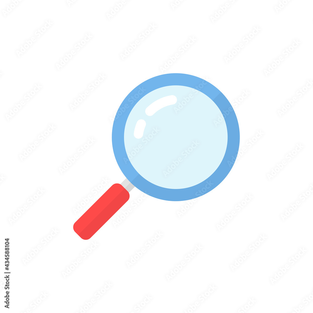 Magnifying glass flat icon. Magnifier search element with red handle. Detective symbol. Vector isolated on white Magnifying glass flat icon. Magnifier search element with red handle. Detective symbol. Vector isolated on white