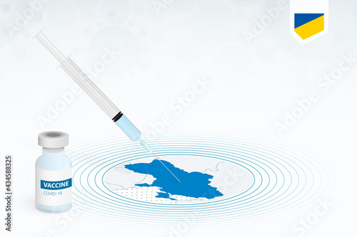COVID-19 vaccination in Ukraine, coronavirus vaccination illustration with vaccine bottle and syringe injection in map of Ukraine.