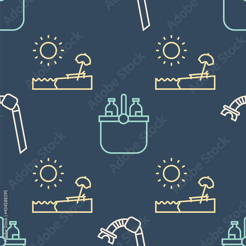Set line Snorkel, Beach with umbrella and chair and Cooler bag and water on seamless pattern. Vector