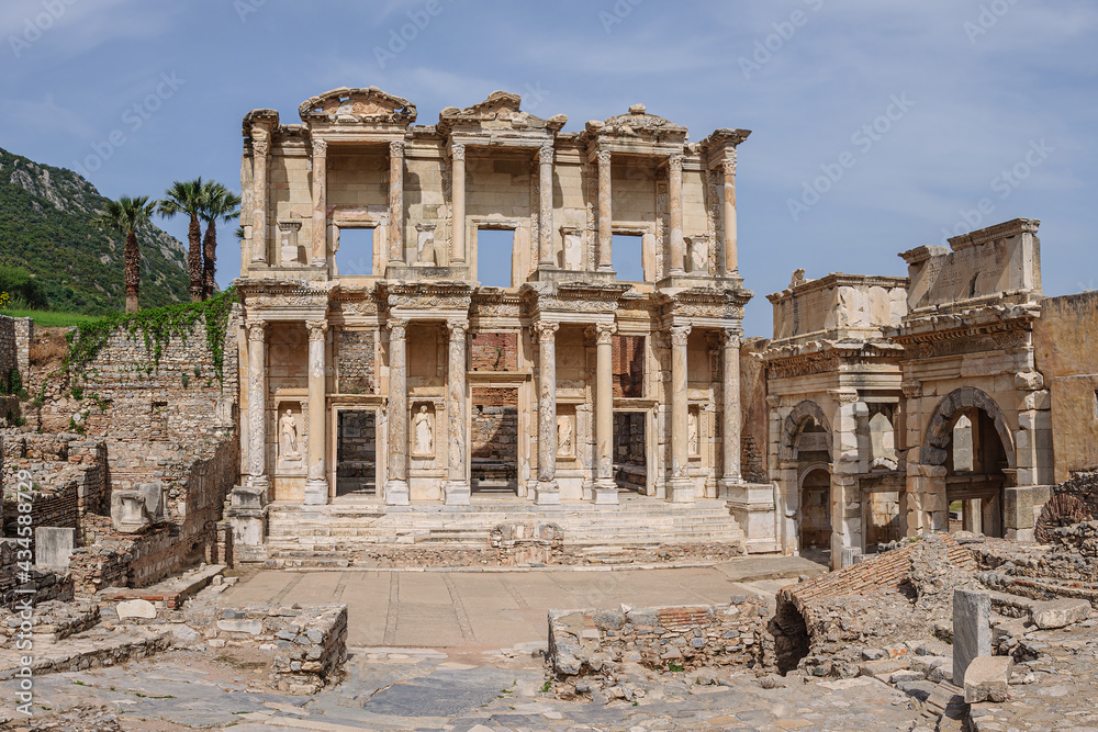 Beautiful antique city in Turkey - Ephesus with famous library ruins in the foreground