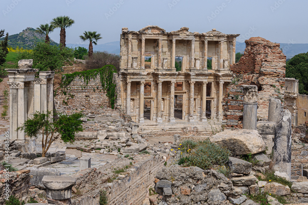 Beautiful antique city in Turkey - Ephesus with famous library ruins in the foreground