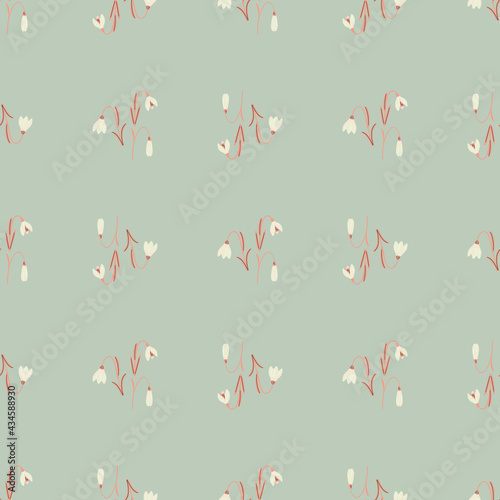 White campanula little cute silhouettes seamless doodle pattern. Pastel blue background. Hand drawn style.