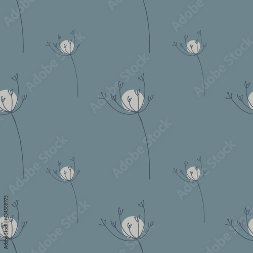 Spring meadow season seamless pattern with simple yarrow flowers shapes. Blue pale background.