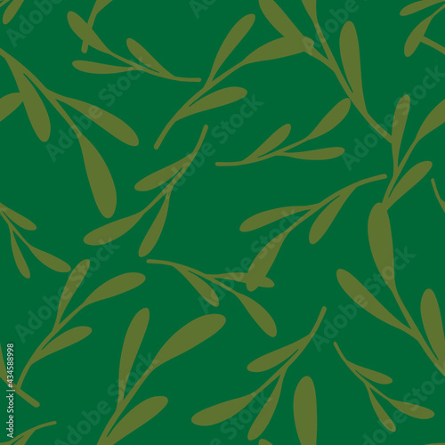 Botany seamless pattern with random leaf branches silhouettes print. Green palette nature artwork.