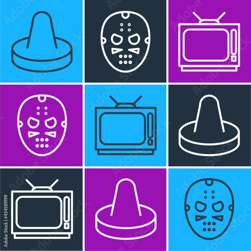 Set line Mallet for playing air hockey, Retro tv and Hockey mask icon. Vector