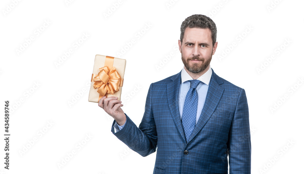 successful ceo holding giftbox. handsome man prepare for date. smiling man with business reward successful ceo holding giftbox. handsome man prepare for date. smiling man with business reward