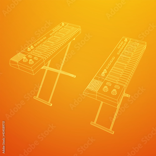 Piano roll analog synthesizer faders buttons knobs. Wireframe low poly mesh vector illustration.