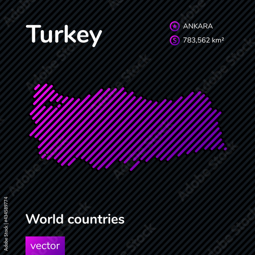 Vector creative digital neon flat line art abstract simple map of Turkey with violet, purple, pink striped texture  on black background. Educational banner, poster about Turkey