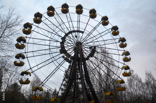 Abandoned ferris wheel in the amusement park in Pripyat. Exclusion zone of Chernobyl, Ukraine