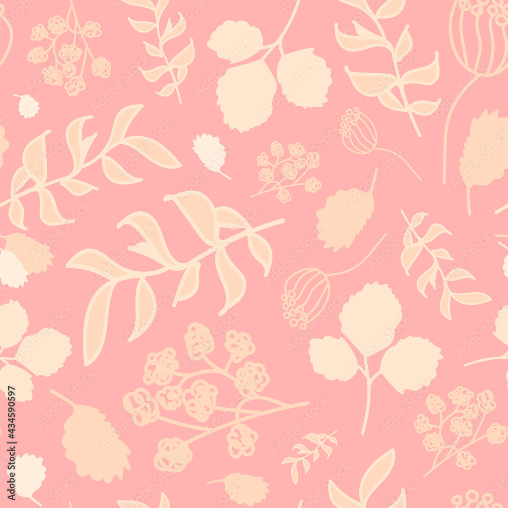 Abstract seamless pattern with beige branches and leaves. Vector  pink background. Perfect for printing on the fabric, design package and cover. Baby print