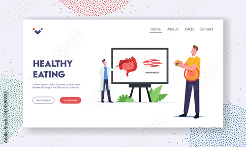 Healthy Eating Landing Page Template. Tiny Doctor Character Presenting Intestines Smooth Musculature on Huge Infographic