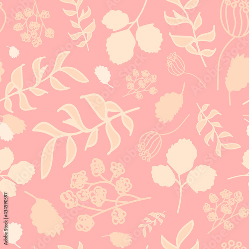 Abstract seamless pattern with beige branches and leaves. Vector  pink background. Perfect for printing on the fabric, design package and cover. Baby print