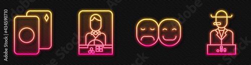 Set line Poker player, Deck of playing cards, Casino dealer and Poker player. Glowing neon icon. Vector