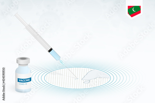 COVID-19 vaccination in Maldives, coronavirus vaccination illustration with vaccine bottle and syringe injection in map of Maldives.