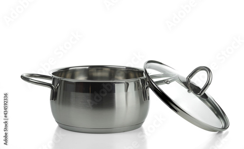 Stainless steel pan with the lid removed. Isolated on white background.