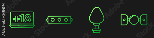 Set line Anal plug, Laptop with 18 plus content, Silicone ball gag with belt and Silicone ball gag with belt. Gradient color icons. Vector
