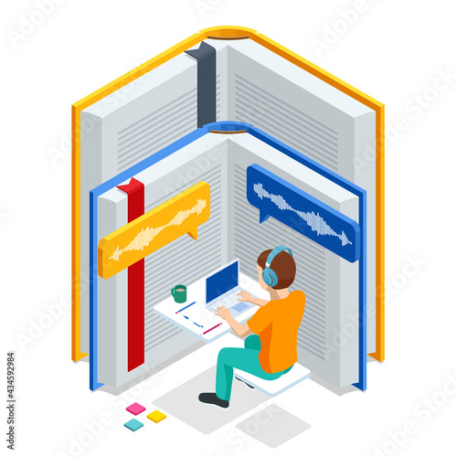 Isometric Audiobooks concept. Listening to e-books in audio format. Books online. Online training banner, Ebook and Student