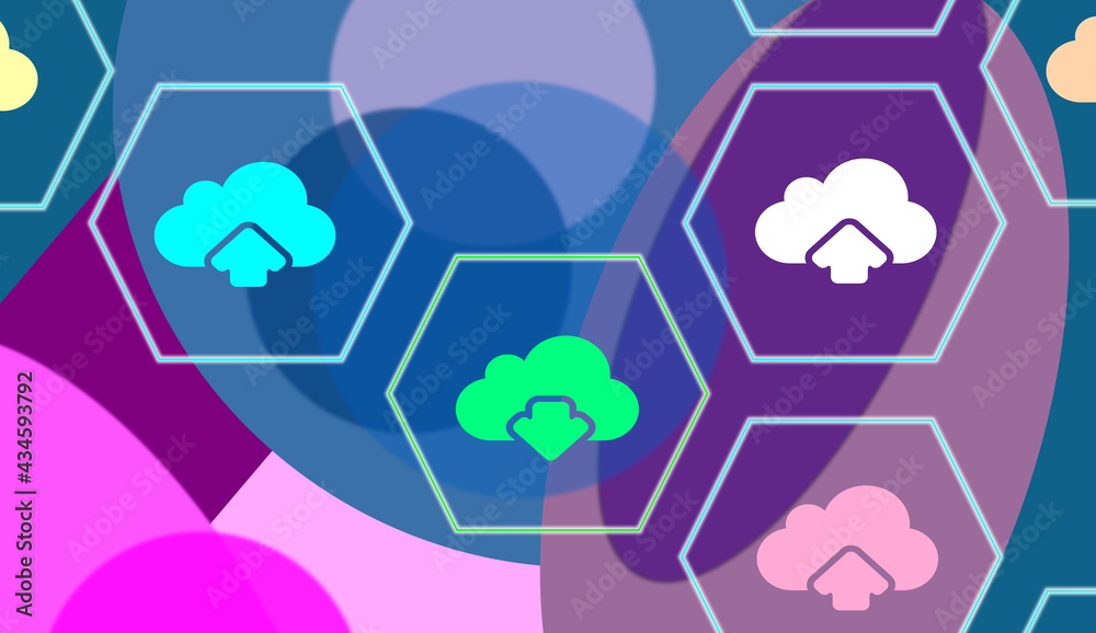 Fototapeta premium Cloud drive icon, computing. Uploads and downloads of data online. Virtual space. Hexagons with symbol graphics. Elegant line illustration. Cheerful geometric elements and flamboyant fund.
