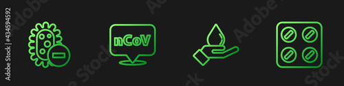 Set line Washing hands with soap, Negative virus, Corona 2019-nCoV on location and Pills blister pack. Gradient color icons. Vector
