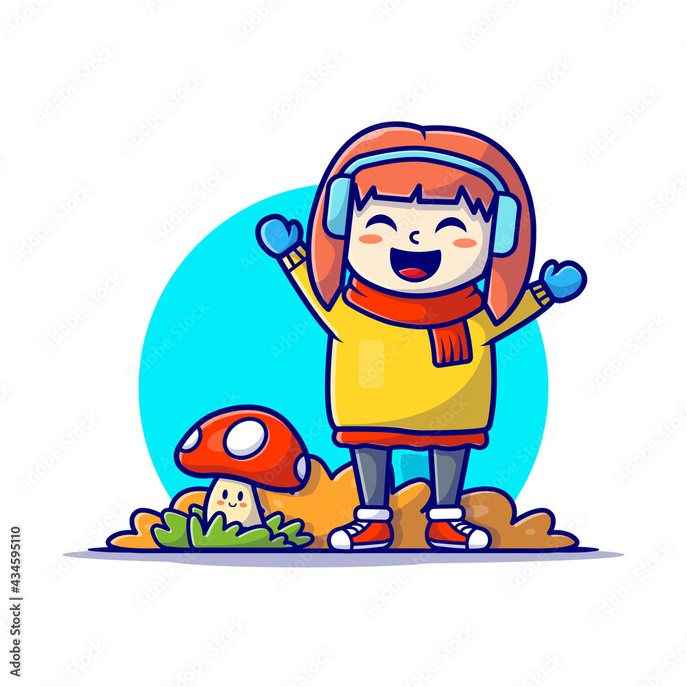 Happy Cute Girl with Cute Mushroom Autumn Cartoon Vector Icon Illustration. Nature People Icon Concept Isolated Premium Vector. Flat Cartoon Style